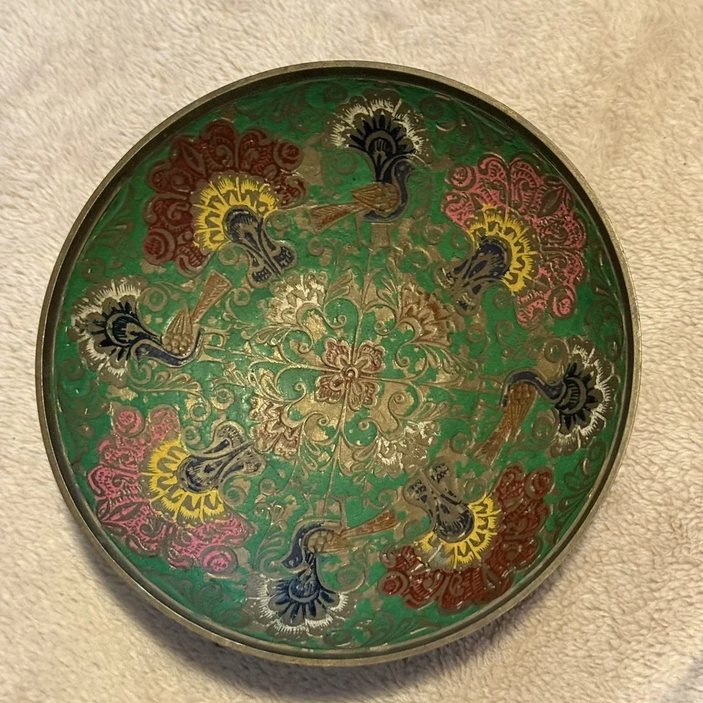 Vintage Brass Cloisonne Peacock Floral Relief Bowl Painted Enamel Made In India